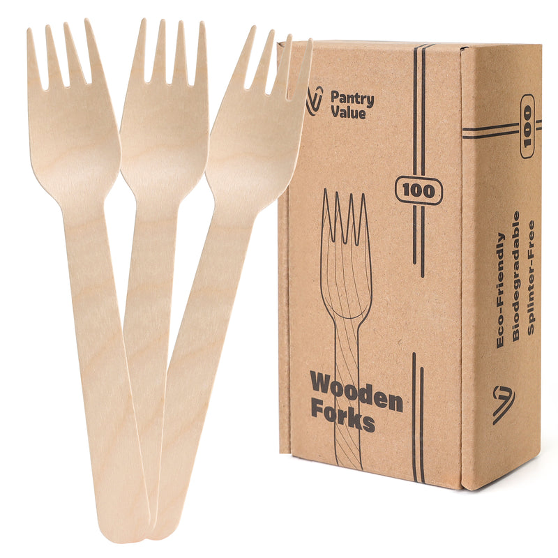 [100 Count] Disposable Wooden Forks, Splinter-free Biodegradable, Eco-friendly Utensils for Outdoors, Parties, and events…