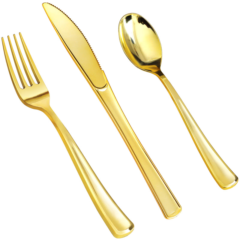 Disposable Gold Combo Cutlery -  Forks,  Spoons,  Knives Combo - Heavy Duty, and Durable Plastic Silverware Great for Parties, Weddings, Events, and Everyday use