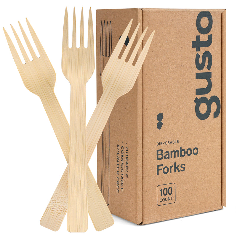 GUSTO [100 Count] Natural Bamboo Disposable Forks - Biodegradable and Eco-Friendly Utensils for Outdoors, Parties, and Events