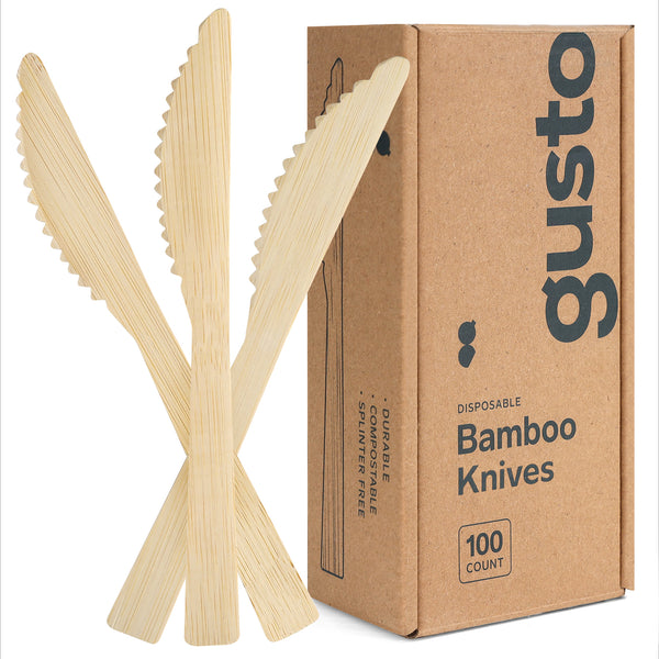 GUSTO [100 Count] Natural Bamboo Disposable Knives - Biodegradable and Eco-Friendly Utensils for Outdoors, Parties, and Events