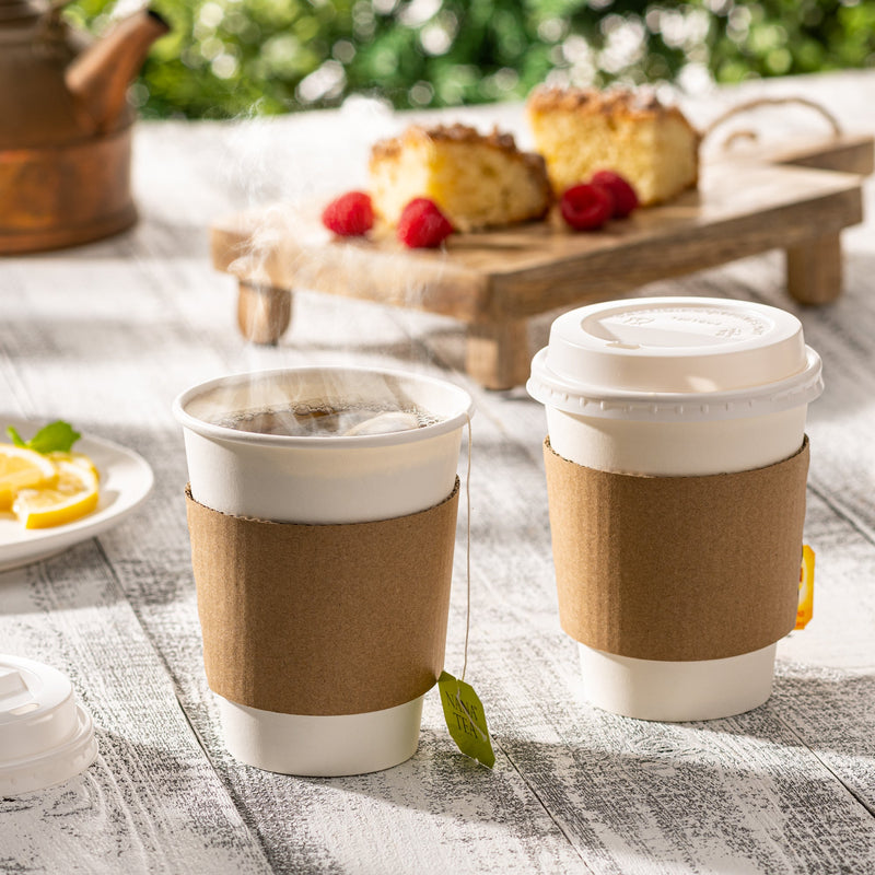 [Case of 300] 12 oz. Disposable White Coffee Cups with White Lids, Sleeves - To Go Paper Hot Cups