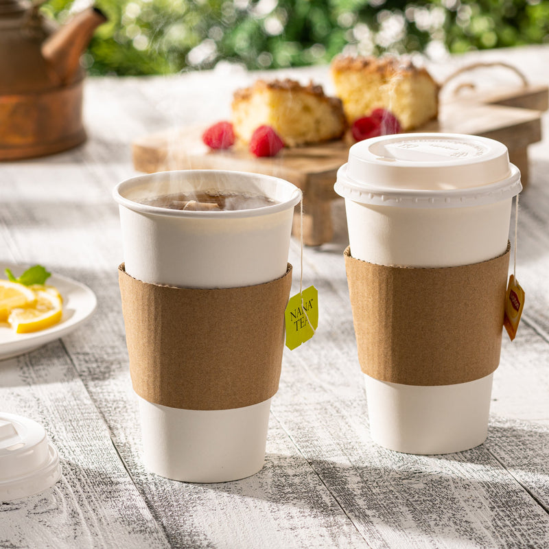 [Case of 300] Comfy Package 16 oz. Disposable White Coffee Cups with White Lids, Sleeves - To Go Paper Hot Cups