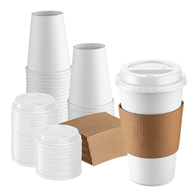 [Case of 300] 12 oz. Disposable White Coffee Cups with White Lids, Sleeves - To Go Paper Hot Cups