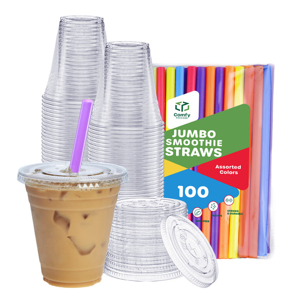 Comfy Package 12 oz. Crystal Clear Plastic Cups With Flat Lids & Colored Straws - Disposable Clear Drinking Cups For Iced Coffee, Cold Drinks, Milkshakes, and Smoothies