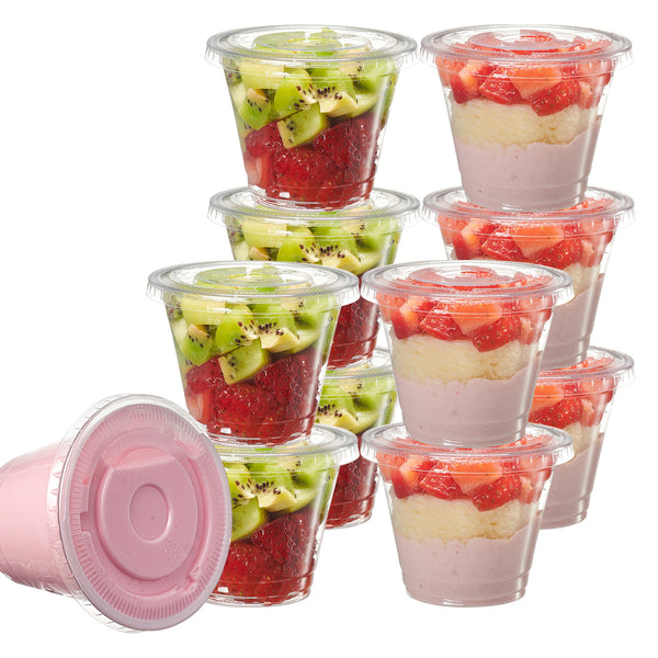 Comfy Package [50 Sets 9 oz. Clear Plastic Cups With No Hole Flat Lids