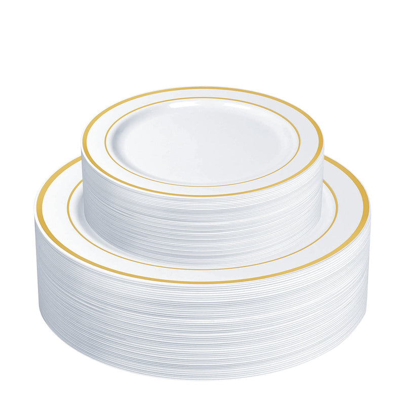 [Case of 300] Combo Gold Trim Plastic Plates - Premium Heavy-Duty 150 Disposable 10.25" Dinner Party Plates and 150 Disposable 7.5" Salad Plates…