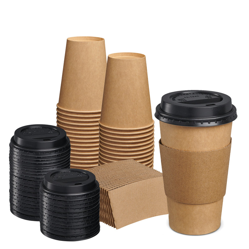 Comfy Package 12 oz. Disposable Kraft Coffee Cups with Black Lids, Sleeves - To Go Paper Hot Cups