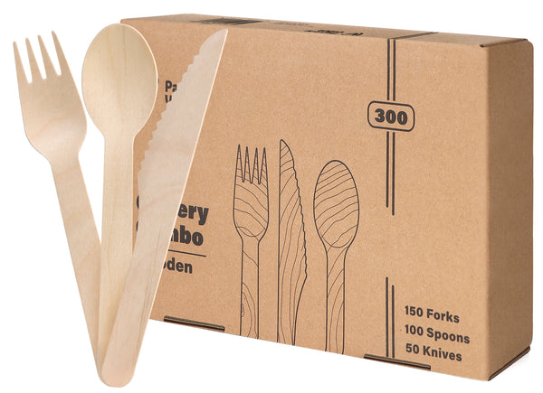 [300 Combo Pack] Compostable Wooden Cutlery Set, 150 Forks - 100 Spoons - 50 Knives Disposable Utensils for Parties, Camping, and Everyday Use- Biodegradable Silverware Sets