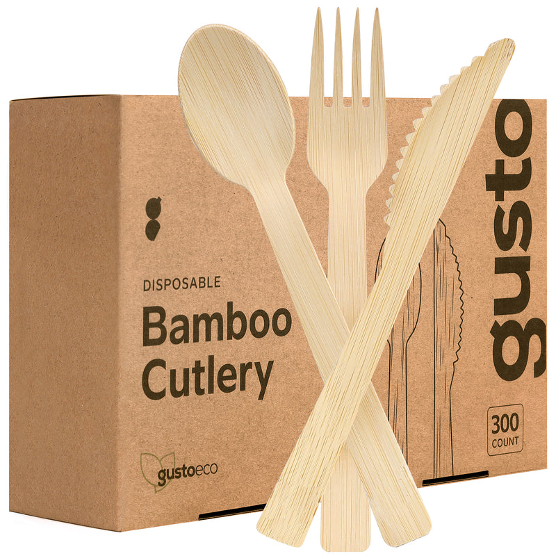 [300 Combo Pack] Compostable Bamboo Cutlery Set, 150 Forks - 100 Spoons - 50 Knives Disposable Utensils for Parties, Camping, and Everyday Use- Biodegradable Silverware Sets…