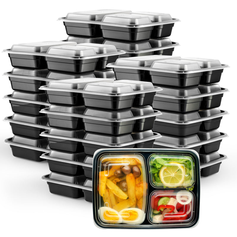 24 oz - 3 Compartment Reusable Meal Prep Containers - Microwaveable, Dishwasher and Freezer Safe, BPA-Free, Bento Boxes and Convenience Food Storage with Lids, Stackable