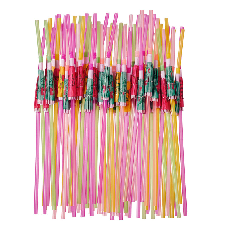 Umbrella Cocktail Flexible Straws - Assorted Colors Plastic Straws - Fancy Mini Paper Umbrella Drinking Straws for Cocktails, Milkshakes, Juice