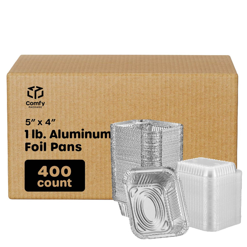 [Case of 400] 1 lb. capacity, Disposable Aluminum Foil Pans, 5x4 Disposable Takeout Pans with Clear Plastic Dome Lids