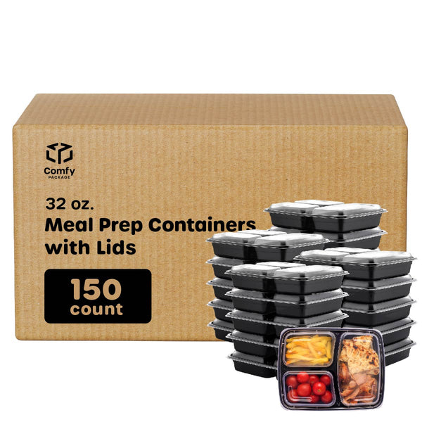 [Case of 150] 32 oz - 3 Compartment Reusable Meal Prep Containers - Microwaveable, Dishwasher and Freezer Safe, BPA-Free, Bento Boxes and Convenience Food Storage with Lids, Stackable