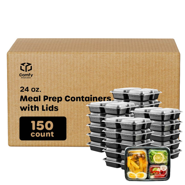 [Case of 150] 24 oz - 3 Compartment Reusable Meal Prep Containers - Microwaveable, Dishwasher and Freezer Safe, BPA-Free, Bento Boxes and Convenience Food Storage with Lids, Stackable