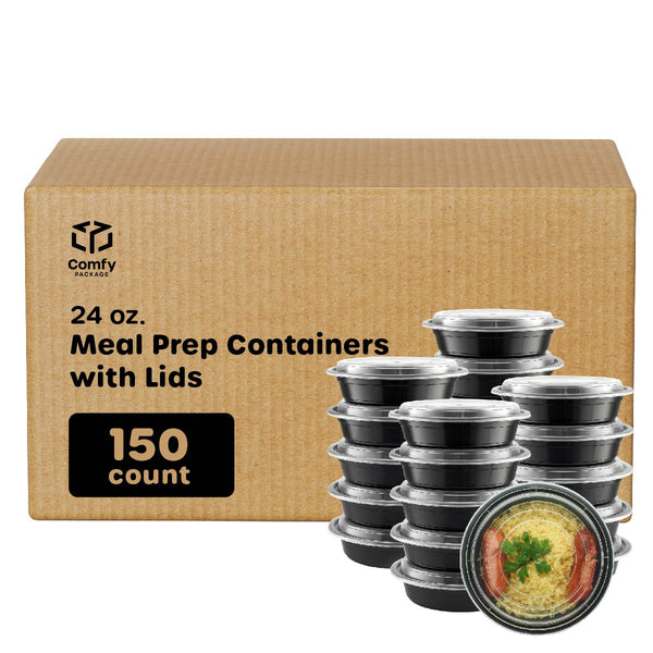 [Case of 150] 24 oz - Round Reusable Meal Prep Containers - Microwaveable, Dishwasher and Freezer Safe, BPA-Free, Bento Boxes and Convenience Food Storage with Lids, Stackable