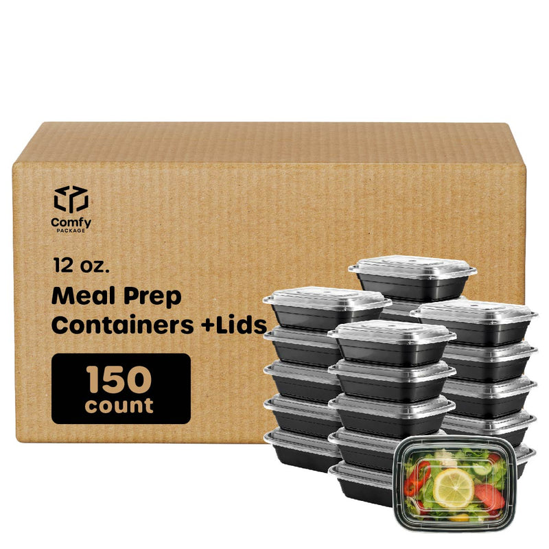[Case of 150] 12 oz - 1 Compartment Reusable Meal Prep Containers - Microwaveable, Dishwasher and Freezer Safe, BPA-Free, Portion Control and Convenience Food Storage with Lids, Stackable