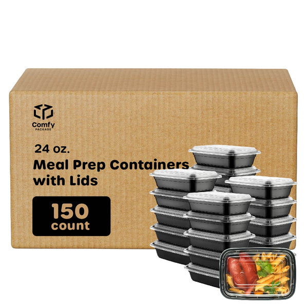 [Case of 150] 24 oz - 1 Compartment Reusable Meal Prep Containers - Microwaveable, Dishwasher and Freezer Safe, BPA-Free, Portion Control and Convenience Food Storage with Lids, Stackable