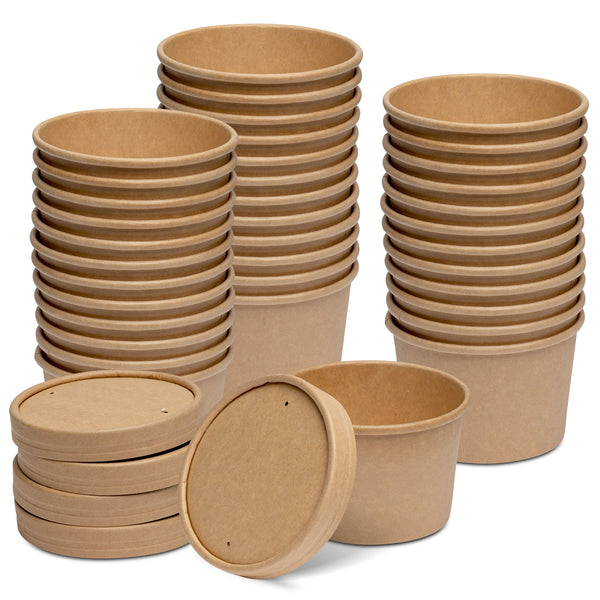 [Case of 250] 8 oz. Paper Food Containers With Vented Lids, To Go Hot Soup Bowls, Disposable Ice Cream Cups, Kraft