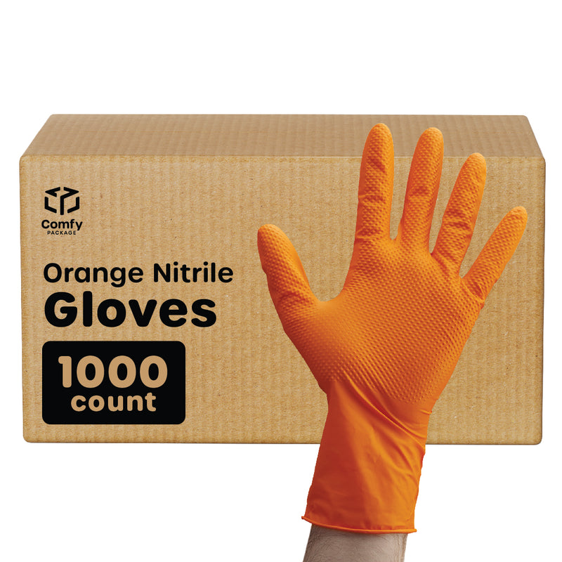 Comfy Package 8 Mil Disposable Orange Nitrile Heavy-Duty Gloves, Industrial, Diamond Texture - Medium