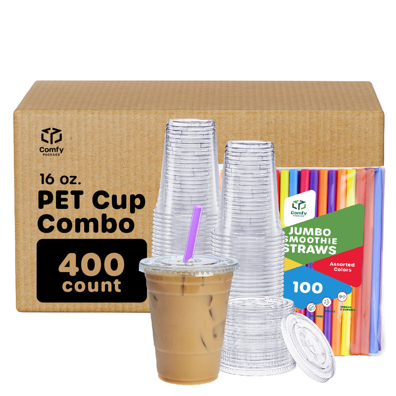 [Case of 400] 16 oz. Crystal Clear Plastic Cups With Flat Lids & Colored Straws - Disposable Clear Drinking Cups For Iced Coffee, Cold Drinks, Milkshakes, and Smoothies