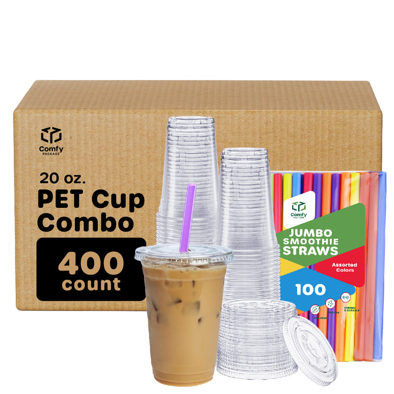 Comfy Package 20 oz. Crystal Clear Plastic Cups With Flat Lids & Colored Straws - Disposable Clear Drinking Cups For Iced Coffee, Cold Drinks, Milkshakes, and Smoothies
