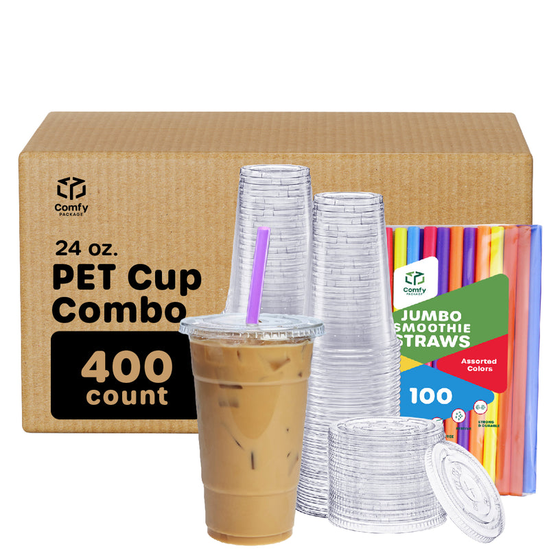 [Case of 400] 24 oz. Crystal Clear Plastic Cups With Flat Lids & Colored Straws - Disposable Clear Drinking Cups For Iced Coffee, Cold Drinks, Milkshakes, and Smoothies