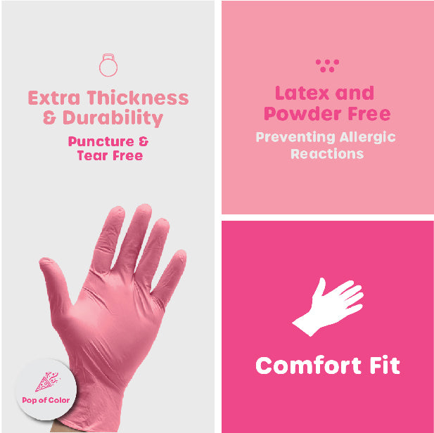 Pink Nitrile Disposable Gloves - Latex Free and Rubber Free | Non-Sterile Powder Free Gloves - Medium