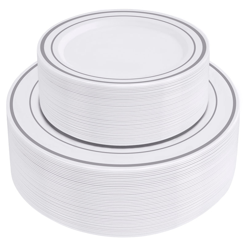 [Case of 300] Combo Silver Trim Plastic Plates - Premium Heavy-Duty 150 Disposable 10.25" Dinner Party Plates and 150 Disposable 7.5" Salad Plates…