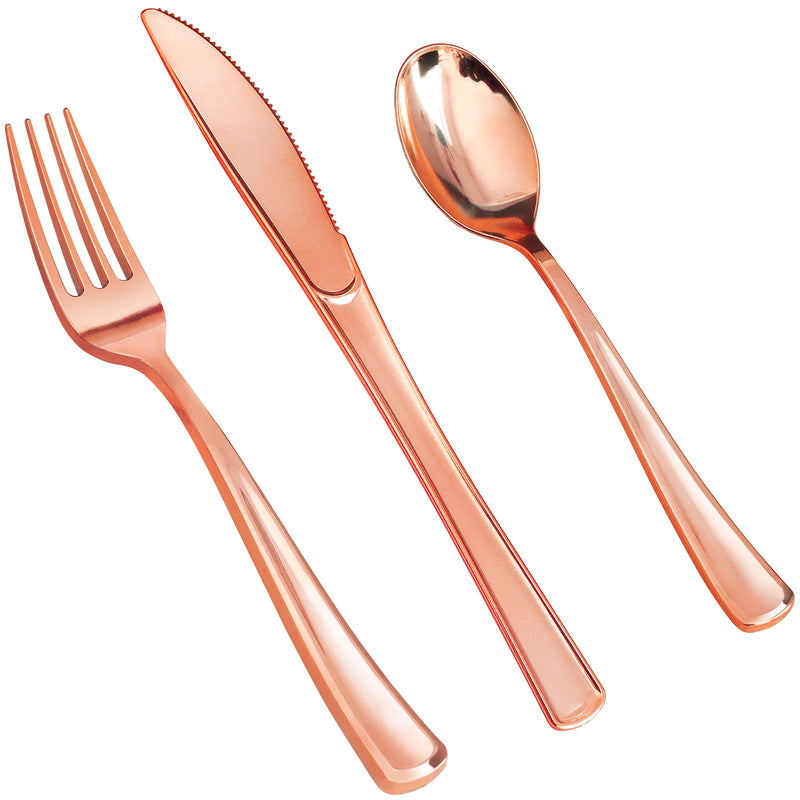 Disposable Rose Gold Combo Cutlery -  Forks,  Spoons, Knives Combo - Heavy Duty, and Durable Plastic Silverware Great for Parties, Weddings, Events, and Everyday use