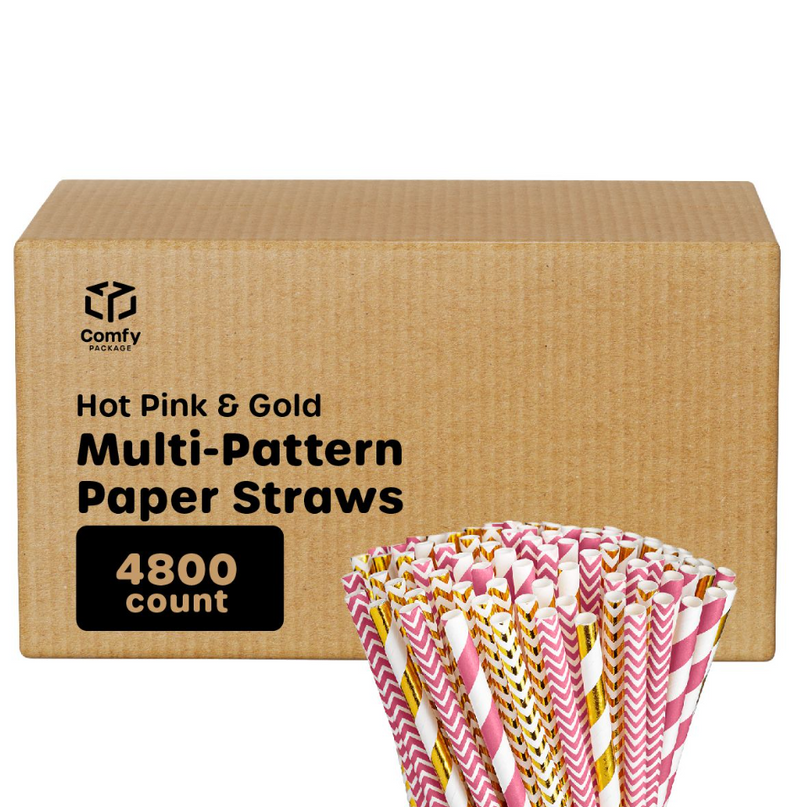[Case of 4800] Hot Pink + Gold Paper Drinking Straws