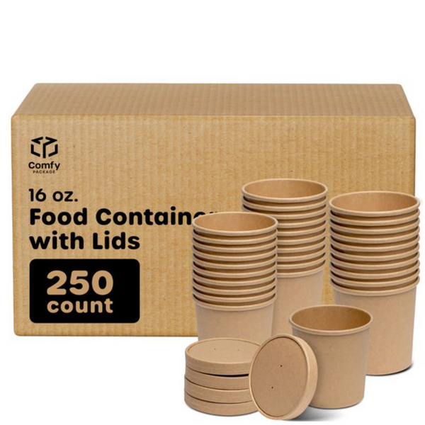 [Case of 250] 16 oz. Paper Food Containers With Vented Lids, To Go Hot Soup Bowls, Disposable Ice Cream Cups, Kraft