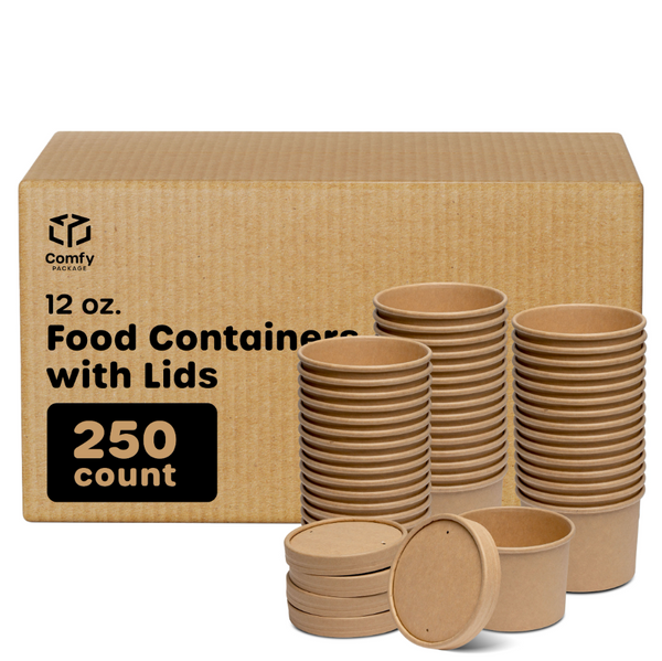[Case of 250] 12 oz. Paper Food Containers With Vented Lids, To Go Hot Soup Bowls, Disposable Ice Cream Cups, Kraft