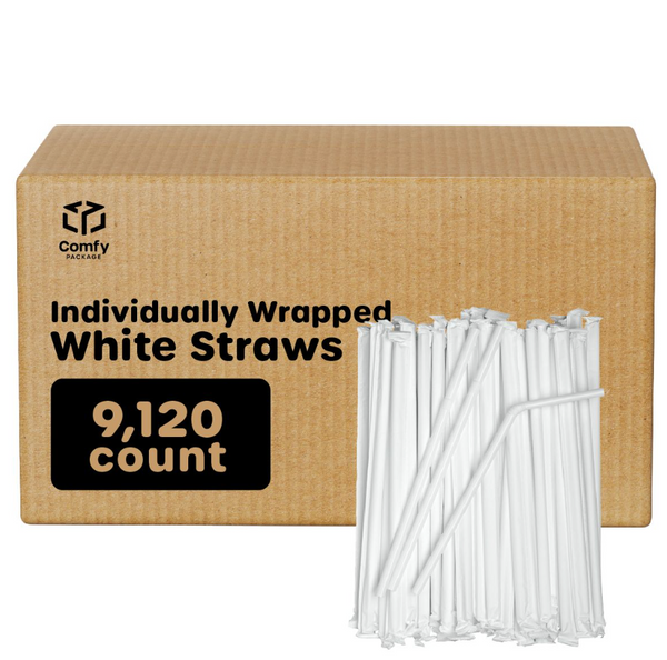 [Case of 9120] - Individually Wrapped 7.75 Inch White Plastic Flexible Straws
