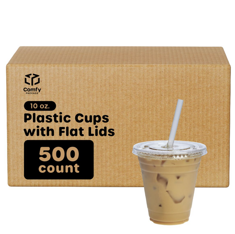 [Case of 500] 10 oz. Crystal Clear Plastic Cups With Flat Lids
