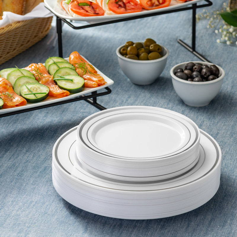 [Case of 240] Combo Silver Trim Plastic Plates - Premium Heavy-Duty Disposable 10.25" Dinner Party Plates and Disposable 7.5" Salad Plates