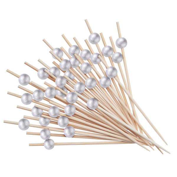 GUSTO [200 Count] Cocktail Picks & Food Toothpicks - 4.7 Inch Wooden Pick Skewers for Drinks & Appetizers - Fancy Silver Pearl Picks…