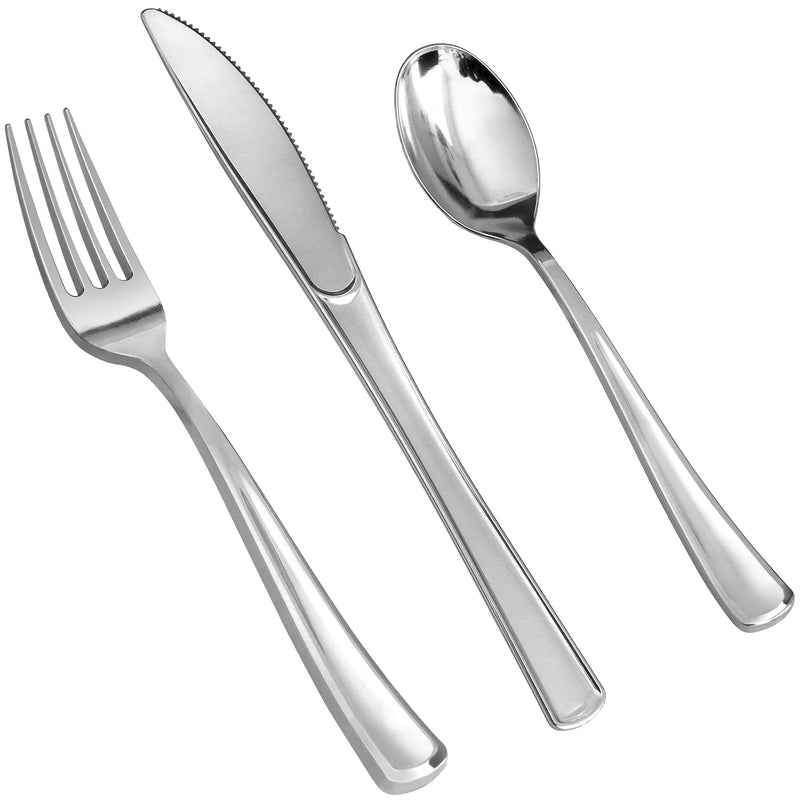 Disposable Silver Combo Cutlery -  Forks,  Spoons,  Knives Combo - Heavy Duty, and Durable Plastic Silverware Great for Parties, Weddings, Events, and Everyday use