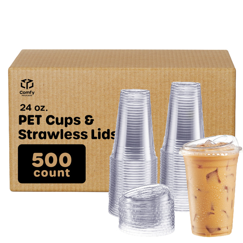 Comfy Package 24 oz. Crystal Clear Plastic Cups With Strawless Sip-Lids