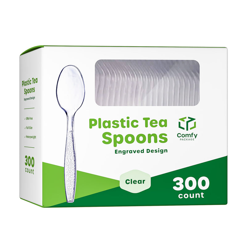 Heavyweight Disposable Clear Plastic Tea Spoons - Engraved Design