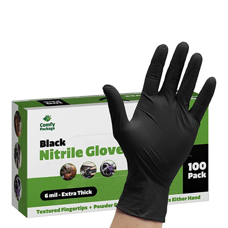 Black Nitrile Disposable Gloves 6 Mil. Extra Strength Latex & Powder Free, Textured Fingertips Gloves - Large