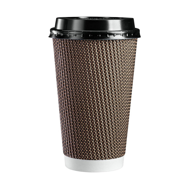 [16 oz.] Insulated Brown Patterned Ripple Paper Hot Coffee Cups With Lids