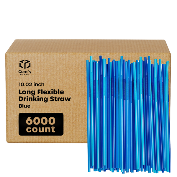 [Case of 6000] Long Flexible Disposable Plastic Drinking Straws - 10.02" High - Blue