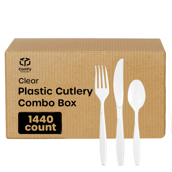 [Case of 1440] Clear Heavyweight Disposable Plastic Cutlery Combo Box