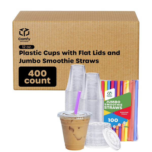 [Case of 400] 12 oz. Crystal Clear Plastic Cups With Flat Lids & Colored Straws - Disposable Clear Drinking Cups For Iced Coffee, Cold Drinks, Milkshakes, and Smoothies