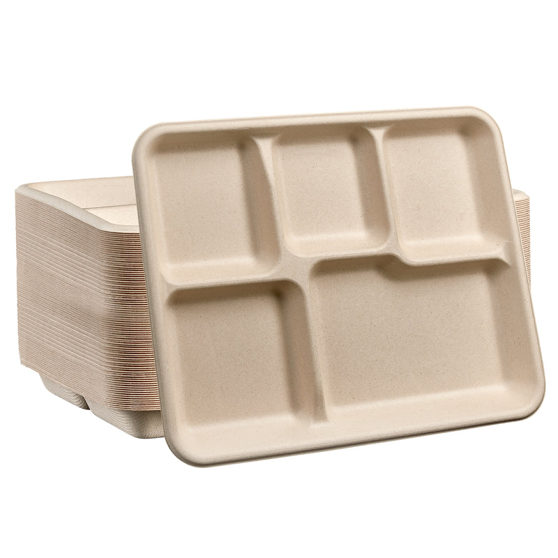 100% Compostable 5 Compartment Plates Eco-Friendly Disposable Sugarcane 10 inch Paper Trays - Brown Unbleached