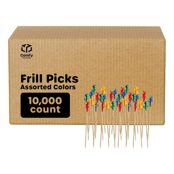 [Case of 10,000] Cocktail Picks & Food Toothpicks - 4 Inch Wooden Pick Skewers for Drinks, Appetizers, & Sandwiches - Fancy Assorted Colored Frills