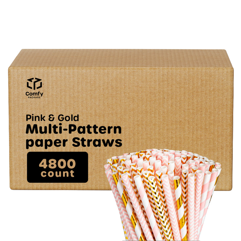 [Case of 4800]  Light Pink + Gold Paper Drinking Straws