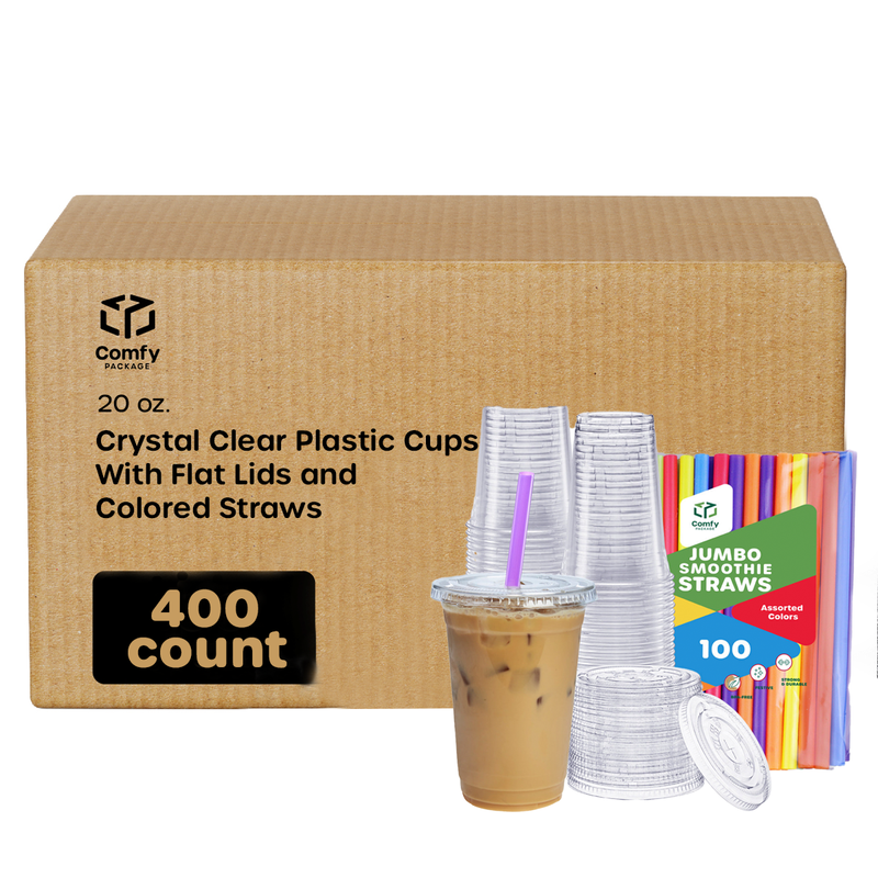 [Case of 400] 20 oz. Crystal Clear Plastic Cups With Flat Lids & Colored Straws - Disposable Clear Drinking Cups For Iced Coffee, Cold Drinks, Milkshakes, and Smoothies
