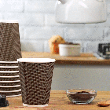 [Case of 300] 12 oz. Insulated Brown Patterned Ripple Paper Hot Coffee Cups With Lids