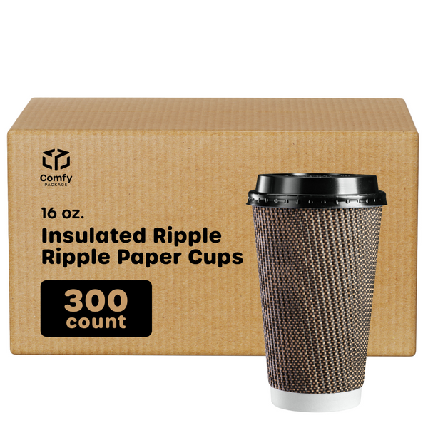 [Case of 300] 16 oz. Insulated Brown Patterned Ripple Paper Hot Coffee Cups With Lids